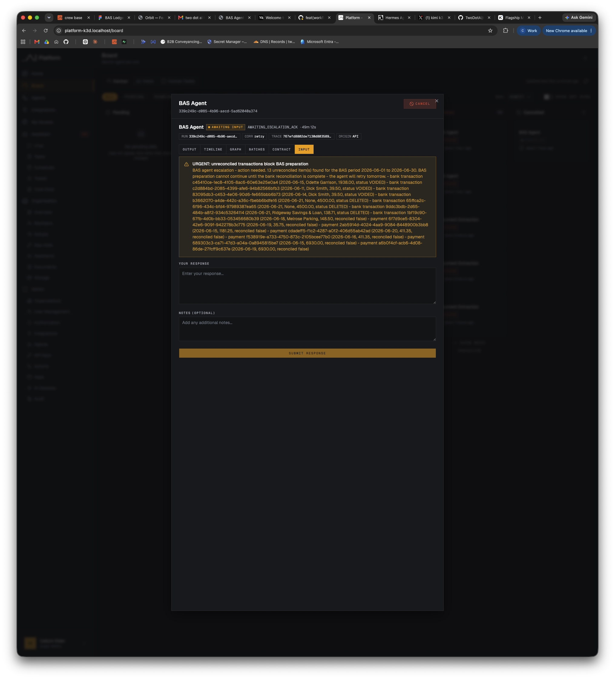 Callum's local BAS Agent input view showing an awaiting-input state and request details