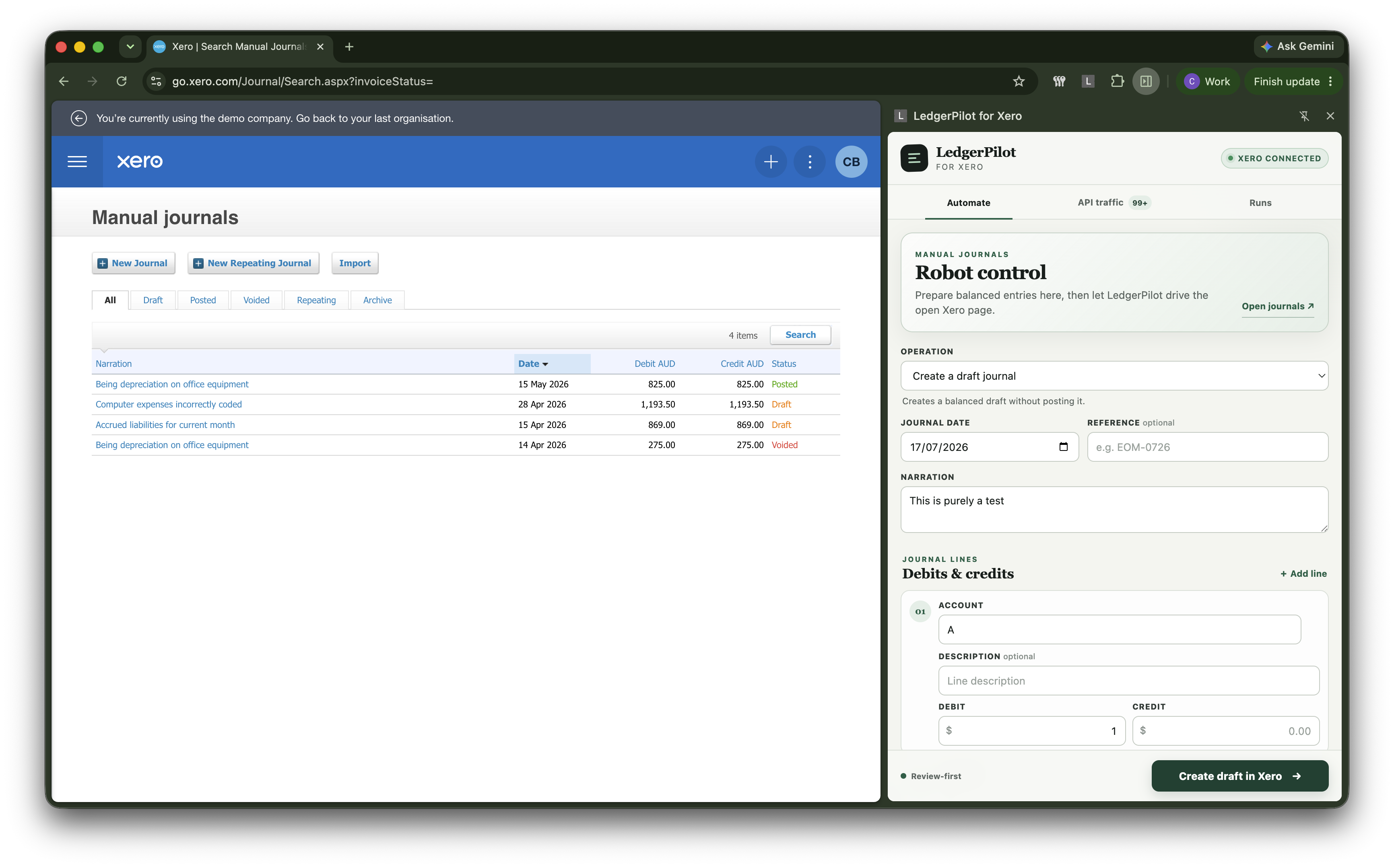 LedgerPilot for Xero side panel beside Xero Manual Journals, configured to create a balanced draft journal